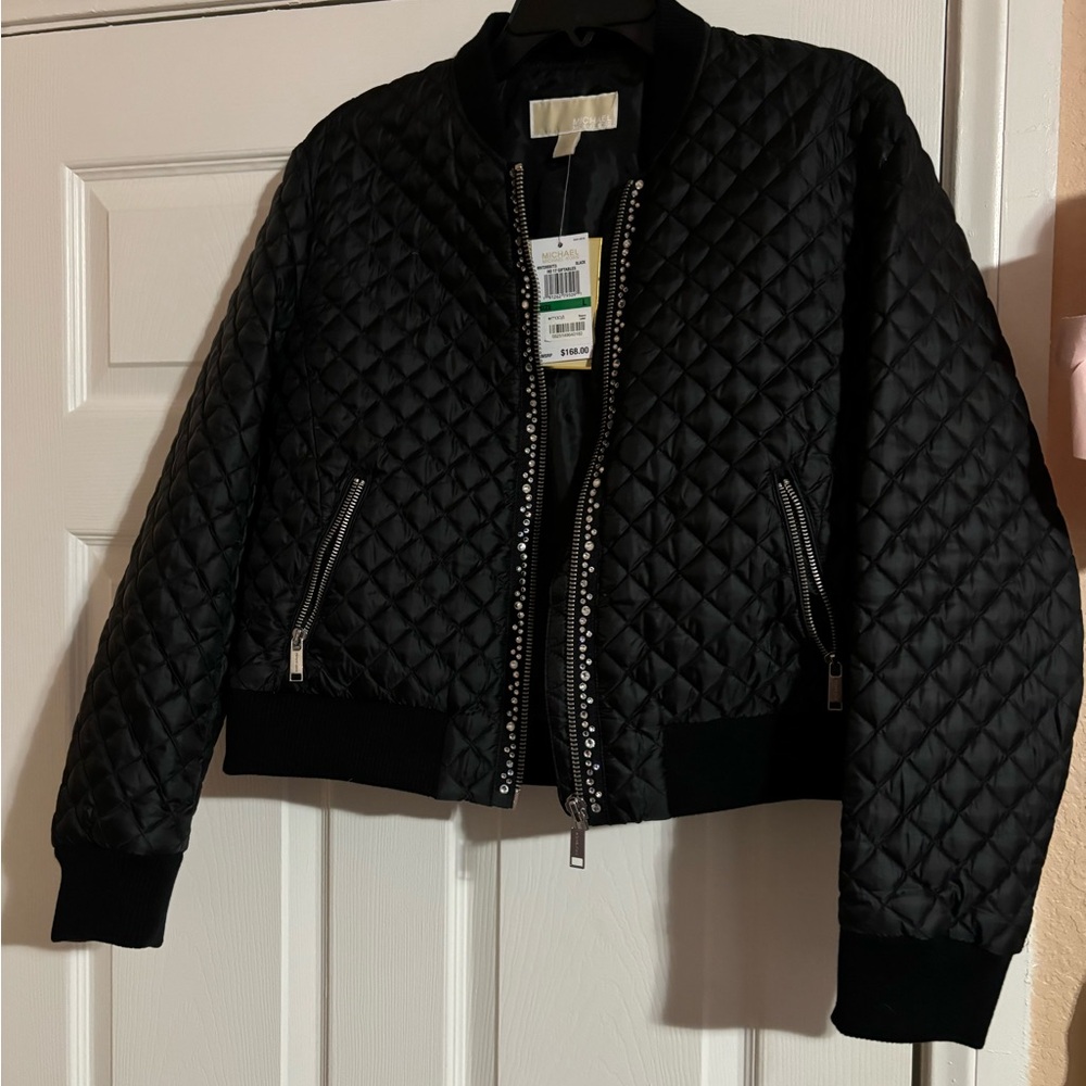 Michael Kors Rhinestone Black Quilted Bomber Jacket